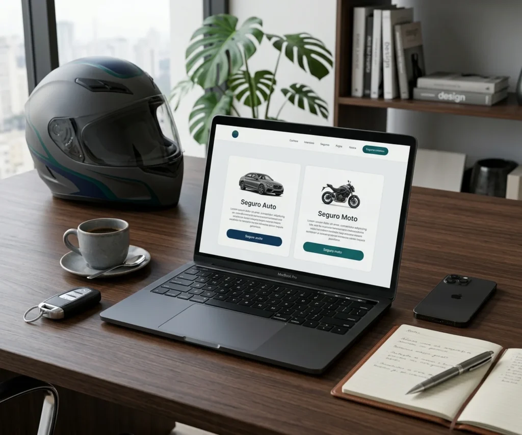 Notebook exibindo opções de Seguro Auto e Seguro Moto ao lado de capacete e chave de veículo