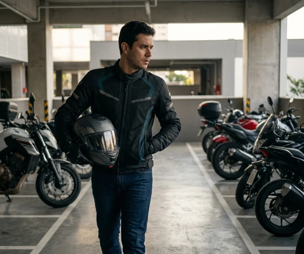 Motocicleta estacionada em via urbana com capacete e mochila