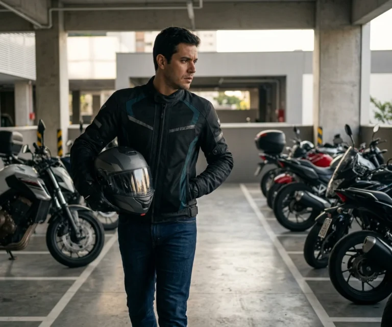 Motocicleta estacionada em via urbana com capacete e mochila