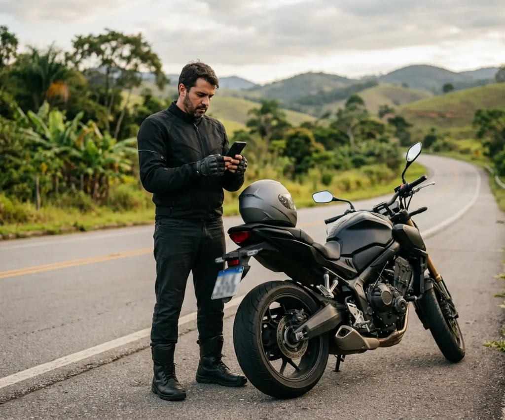 Motociclista avaliando opções de seguro em ambiente com diferentes motocicletas