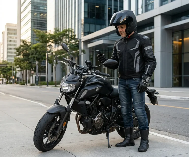 Motociclista e profissional analisando proteção e documentação junto à motocicleta