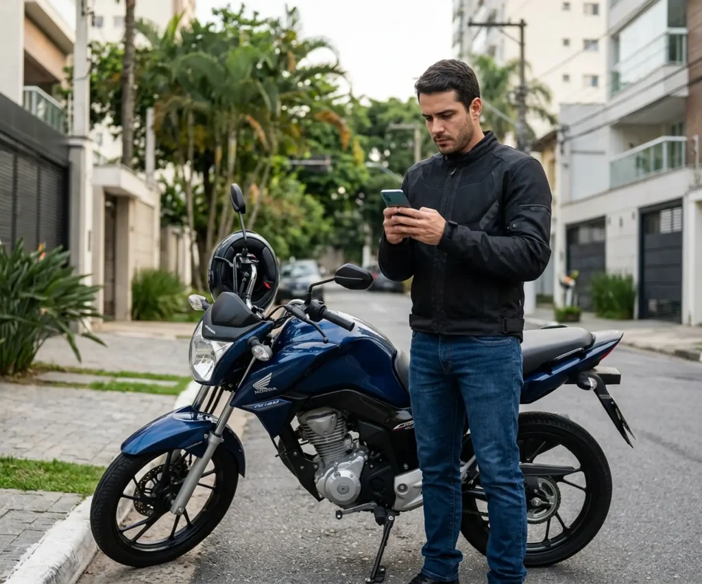 Motociclista ao lado da moto em ambiente residencial avaliando seu uso cotidiano