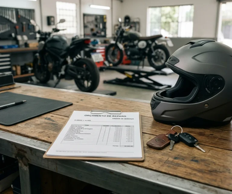 Orçamento de reparo, capacete e chaves em oficina de motocicletas