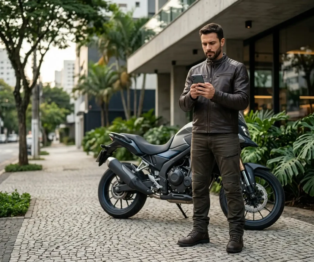 Motociclista consultando informações pelo celular ao lado de sua motocicleta
