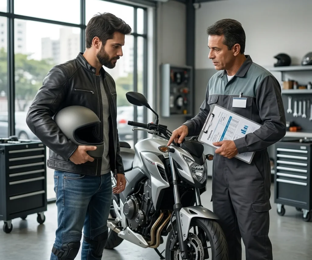 Motociclista conversando com profissional de oficina sobre avaliação da motocicleta