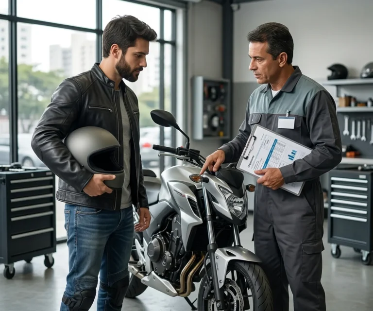 Motociclista conversando com profissional de oficina sobre avaliação da motocicleta