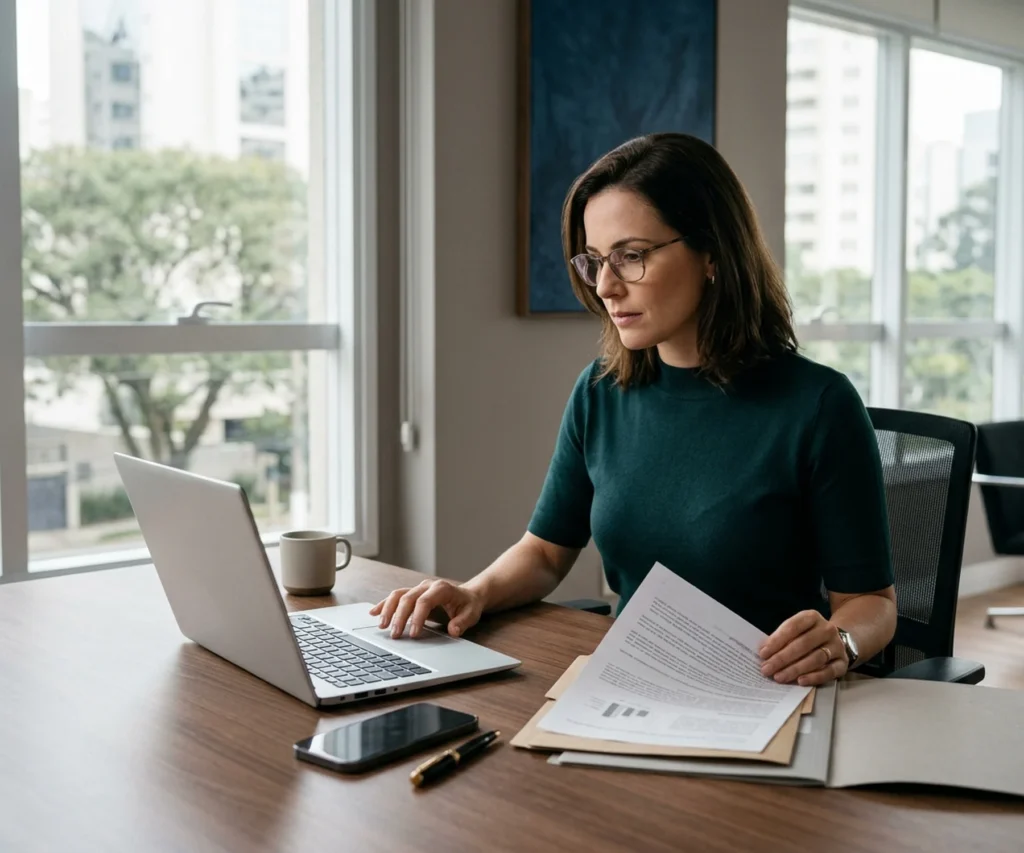 Profissional analisando documentos e informações em notebook durante atividade administrativa