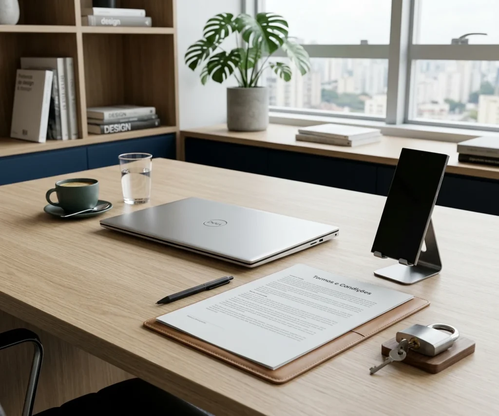 Mesa de trabalho com notebook e documento de termos e condições