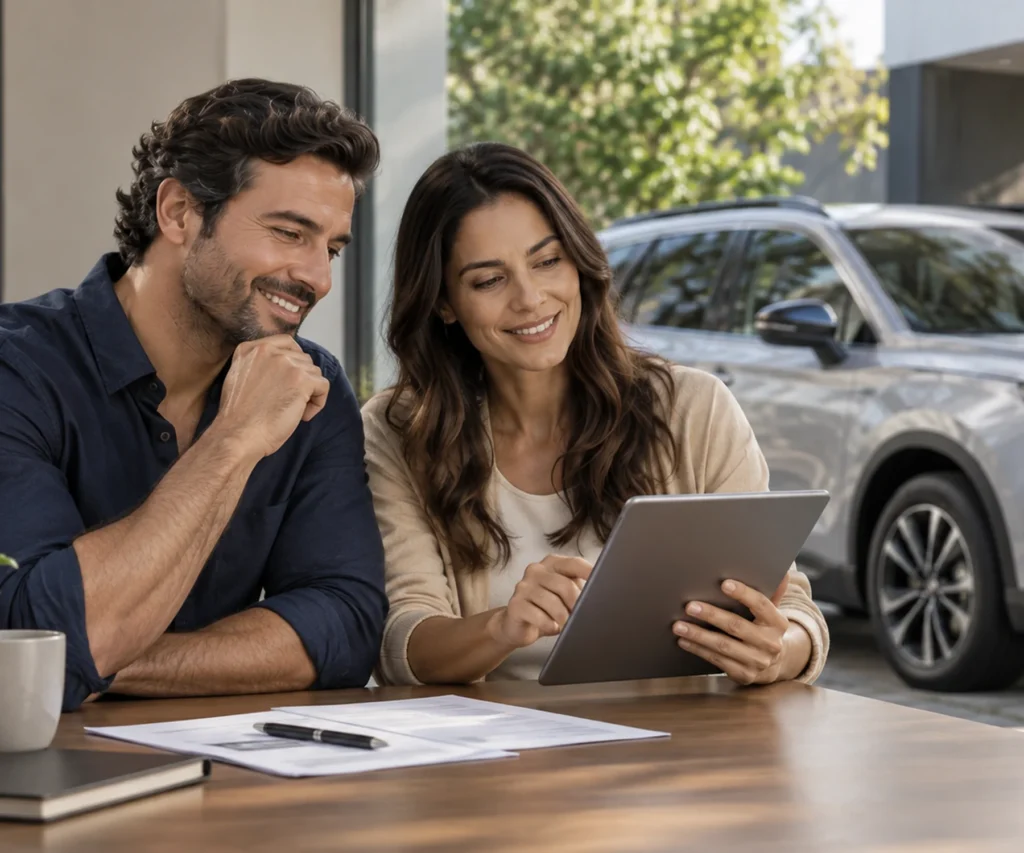 Casal analisando opções de Seguro Auto em um tablet ao lado de um carro