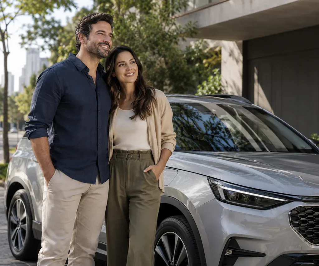 Casal consultando cotação de Seguro Auto pelo celular ao lado de um carro