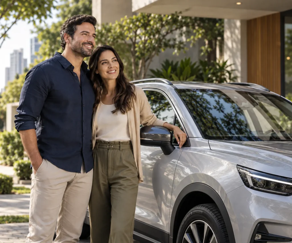 Casal consultando cotação de Seguro Auto pelo celular ao lado de um carro