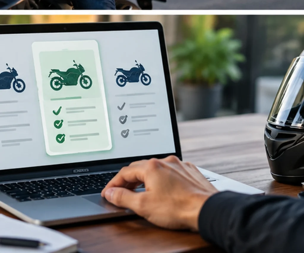 Comparação de opções de Seguro Moto em notebook com motocicletas e checklists