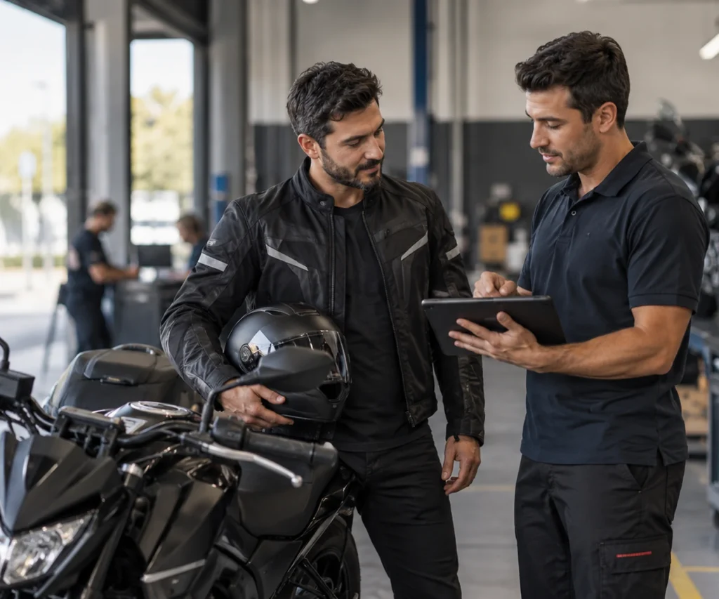 Motociclista recebendo orientação sobre proteção e Seguro Moto ao lado da motocicleta