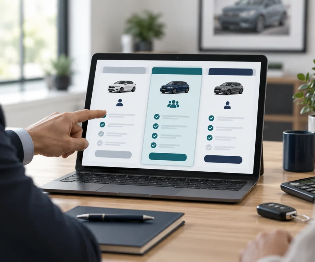 Notebook exibindo comparação de opções de Seguro contra Terceiros com checklists