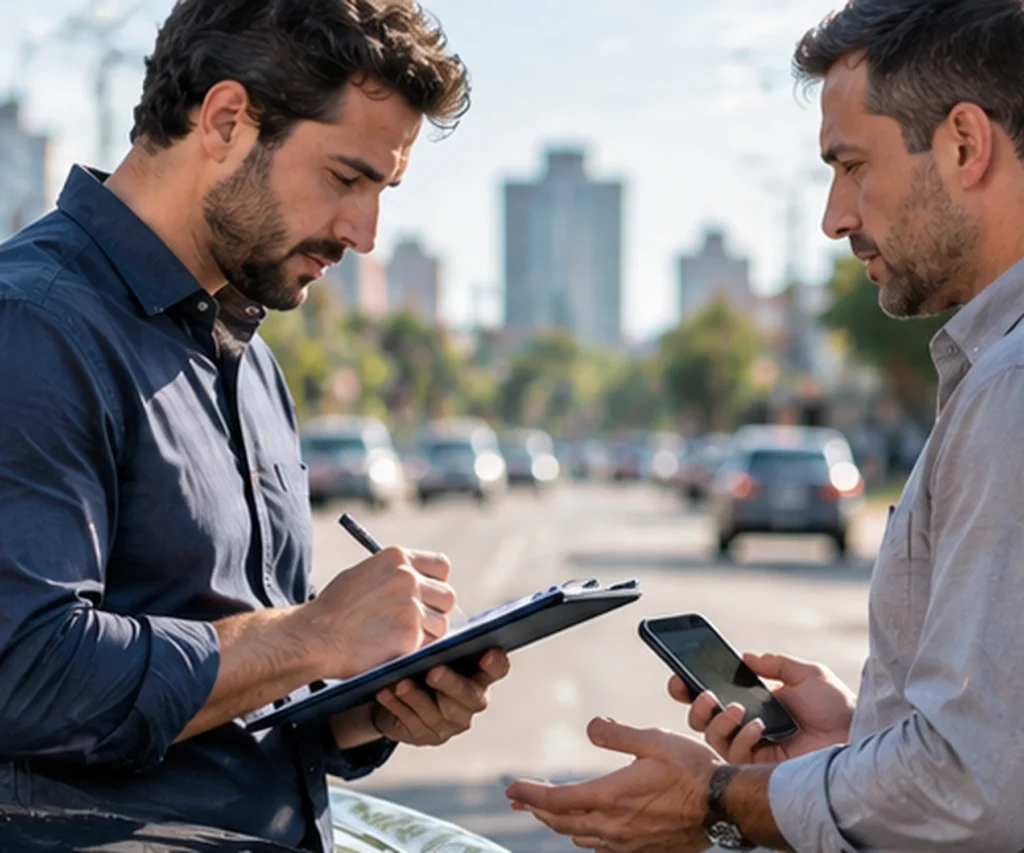 Motoristas registrando informações após ocorrência envolvendo dois veículos
